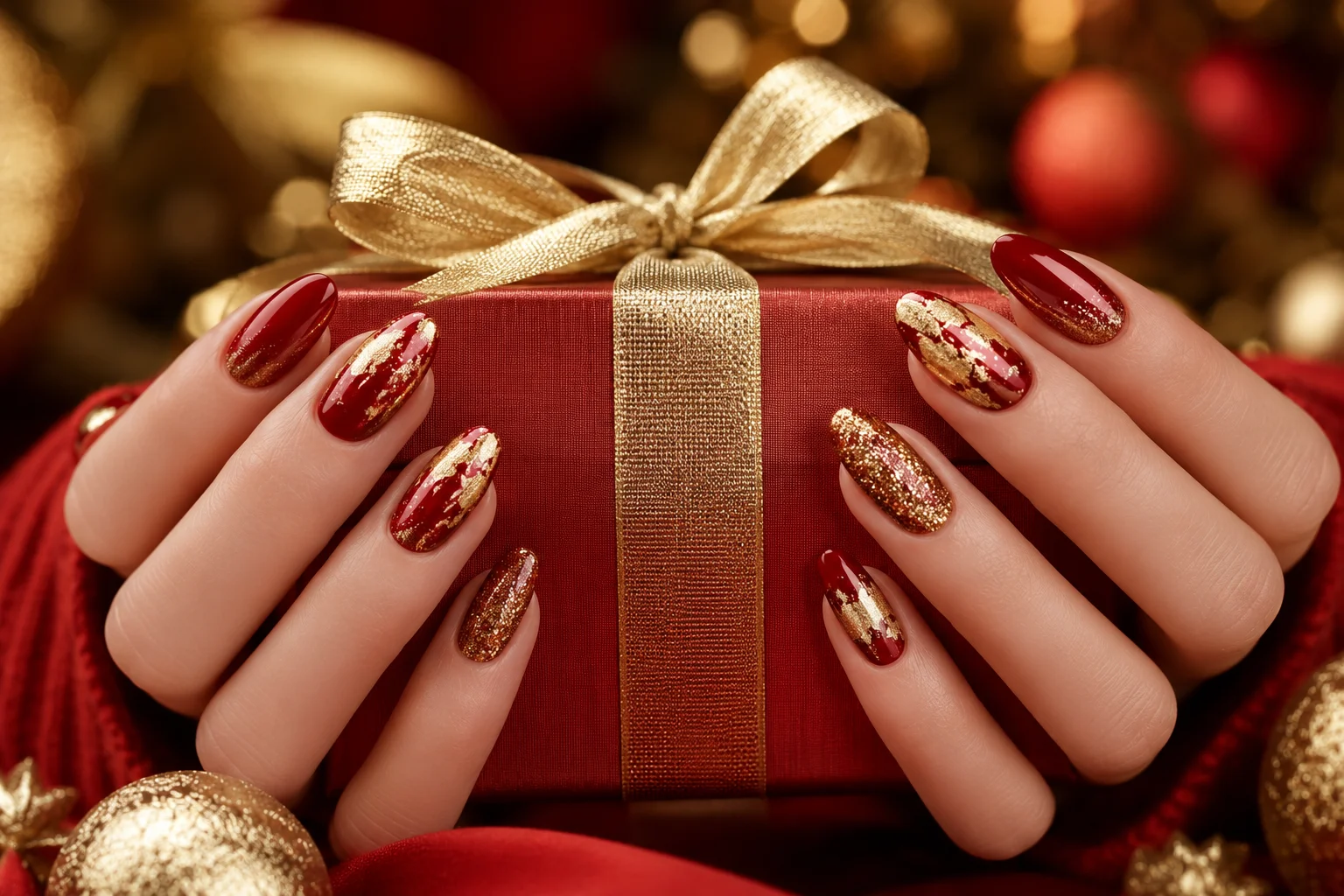 12 Christmas Gel Nails Everyone Will Save This Winter 11 Luxury red and gold Christmas gel nails