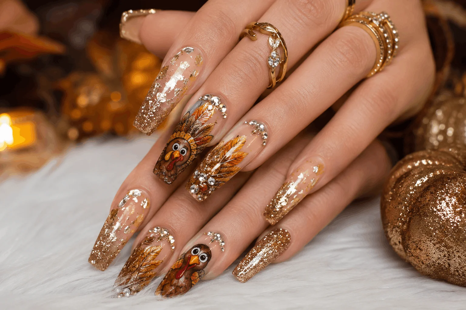 12 Turkey Nails That Will Steal Thanksgiving Attention 5 Luxury turkey acrylic nails with gold accents