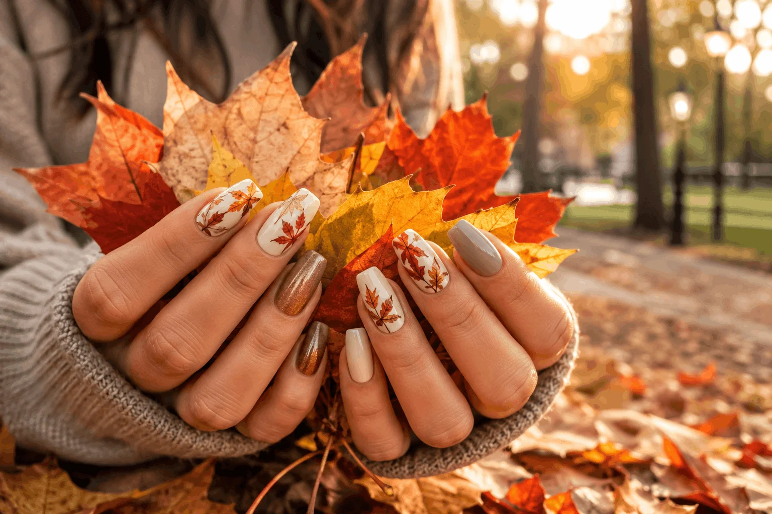 10 Fall Nail Designs Everyone Will Want to Copy 10 Maple leaf autumn nail art on elegant manicure.