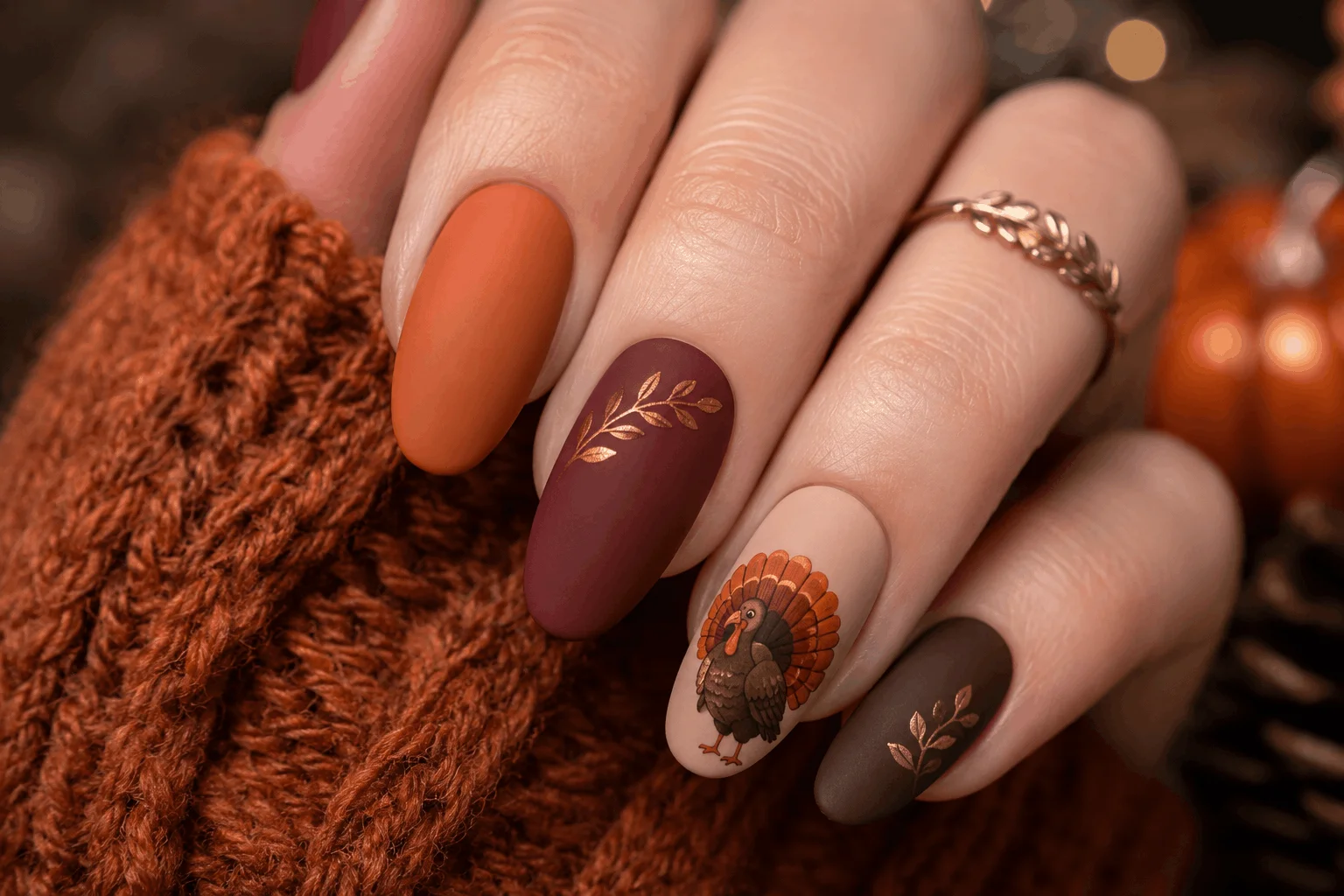 12 Turkey Nails That Will Steal Thanksgiving Attention 9 Matte Thanksgiving turkey nails in autumn colors