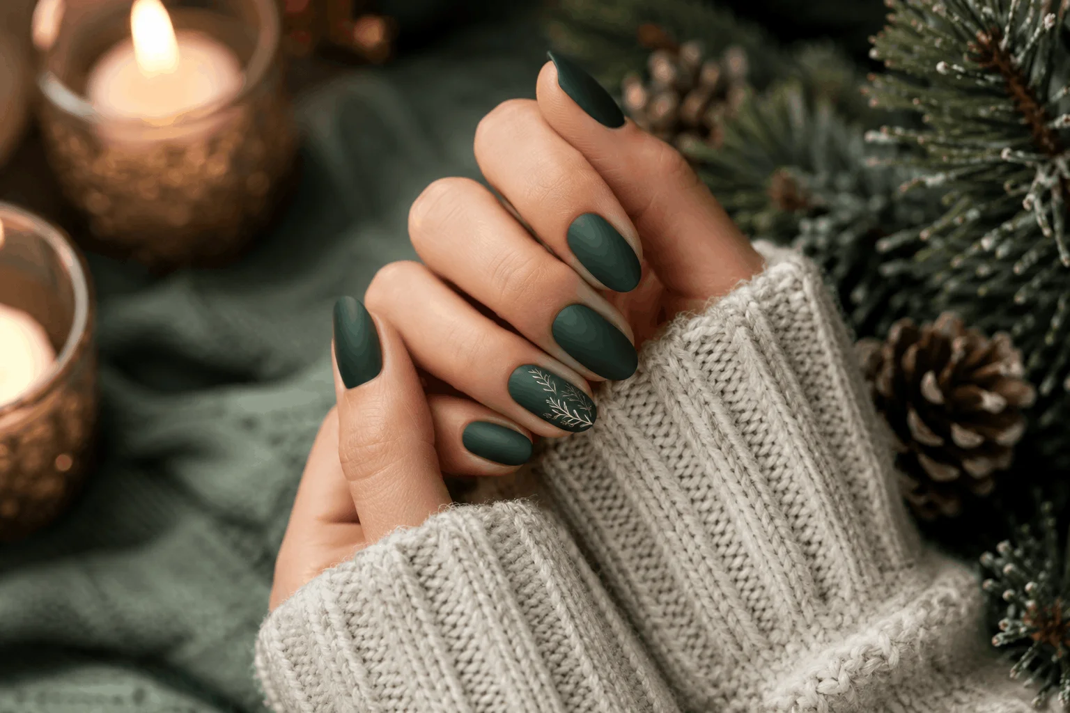 12 Green Christmas Nails That Look Pure Holiday Magic 5 Matte evergreen Christmas manicure with cozy winter styling
