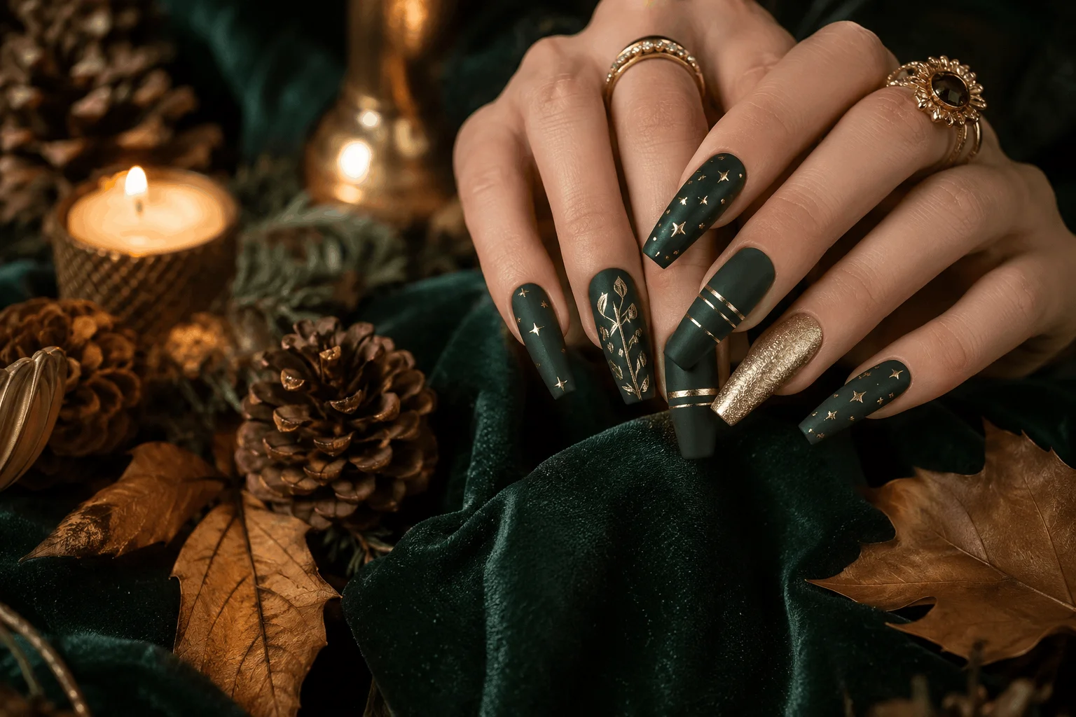 10 Fall Nail Designs Everyone Will Want to Copy 7 Matte forest green autumn manicure with gold accents.