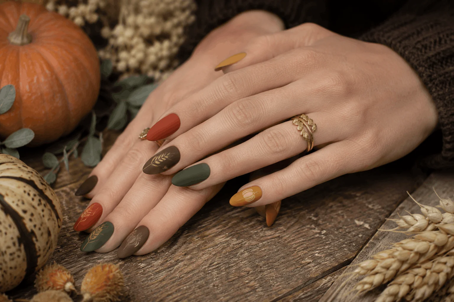 10 Thanksgiving Nail Designs That Steal the Show 6 Matte harvest Thanksgiving nail designs in rich autumn shades