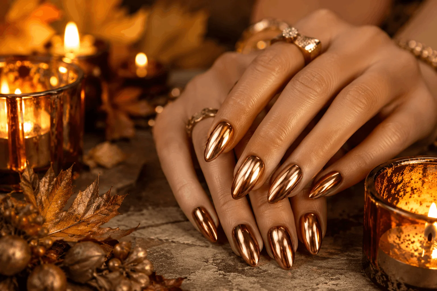 10 Thanksgiving Nail Designs That Steal the Show 11 Metallic copper and bronze Thanksgiving nail designs with glamorous shine
