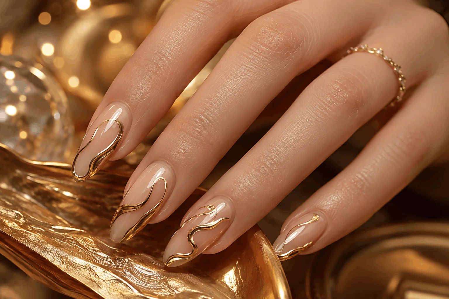 10 New Year Gel Nails That Look Instantly Chic 8 Metallic gold swirl nail art on gel nails