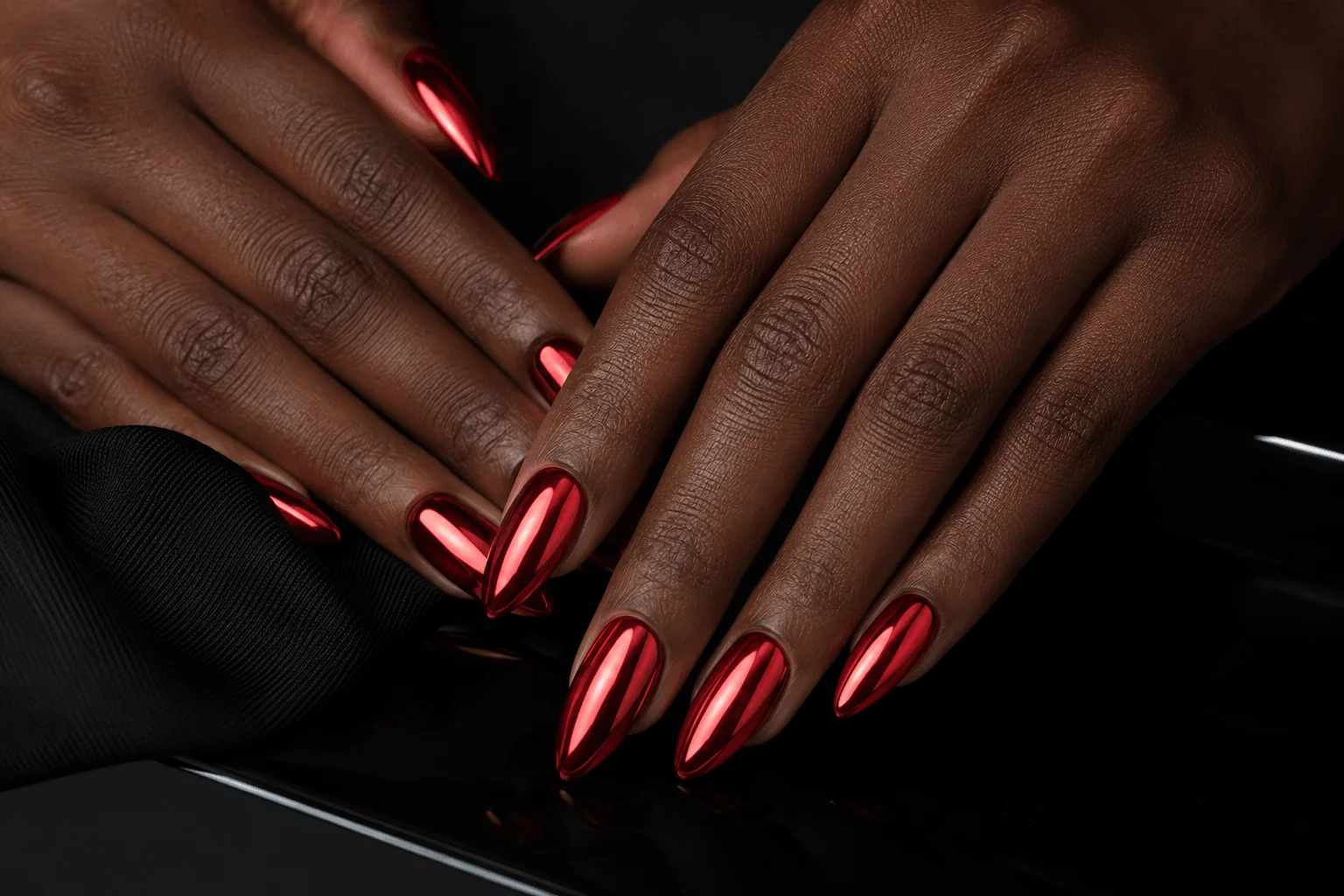 10 Bold Red Nails Black Women Are Obsessed With 6 Metallic red chrome nails on dark skin