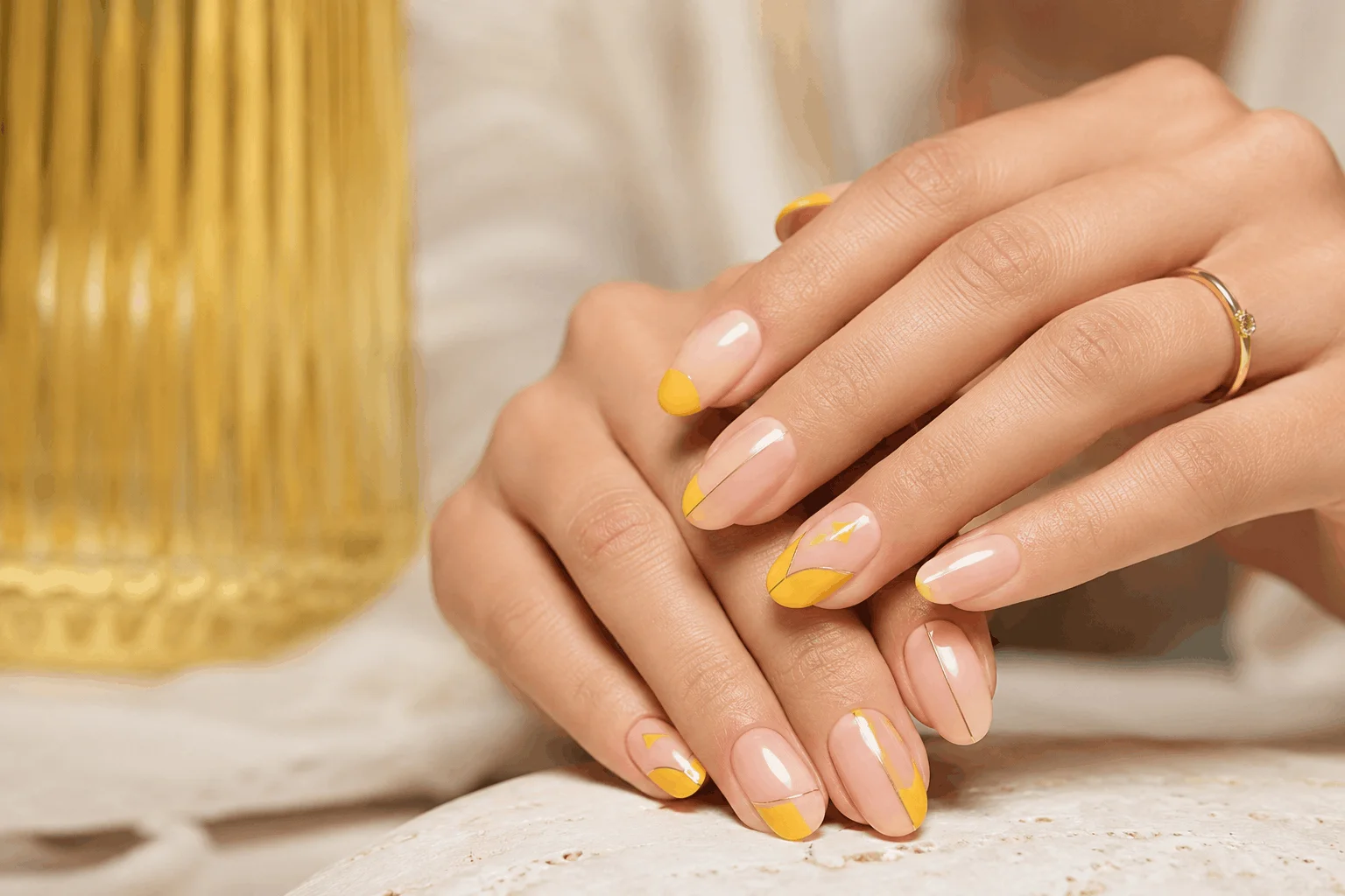 9 Yellow Spring Nails That Are Perfect for Sunny Days 6 Minimalist yellow nail design with modern accents
