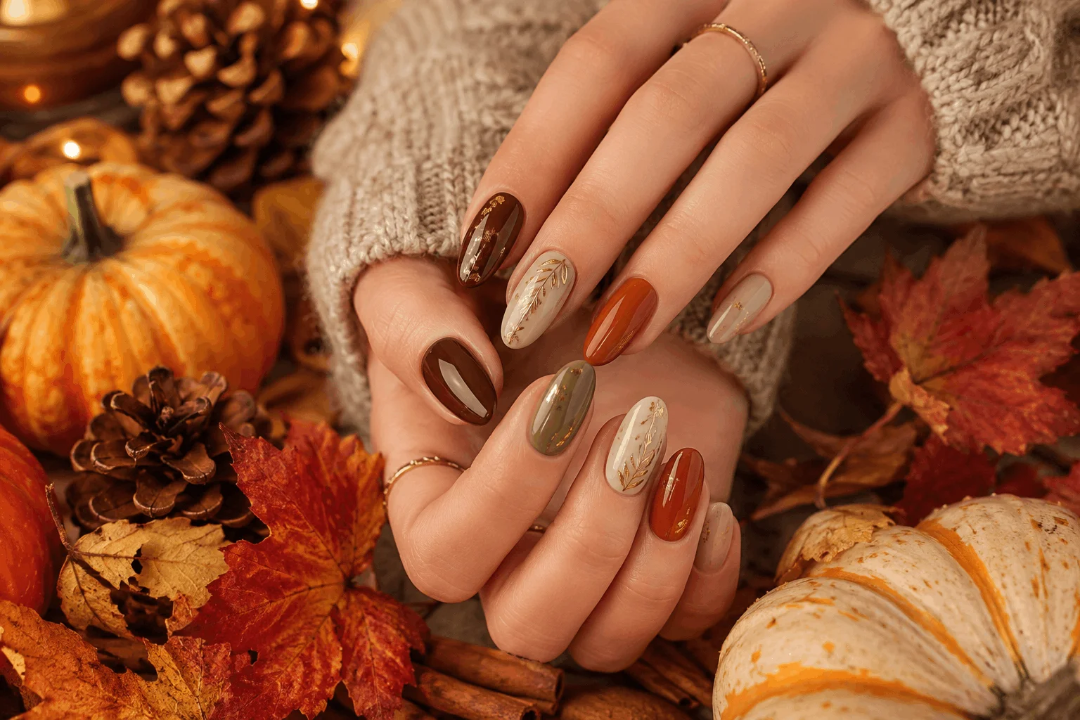 12 Fall Gel Nails That Make Autumn Look So Chic 11 Mixed autumn color gel nails with elegant gold leaf accents.