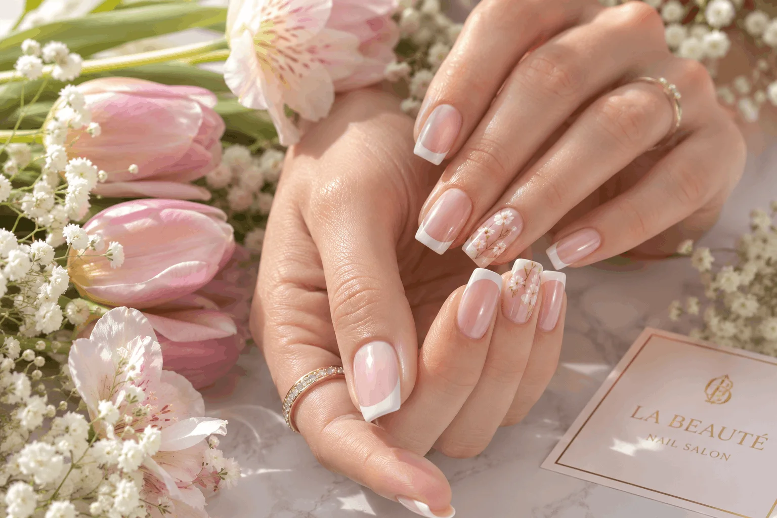 10 White Spring Nails That Scream Effortless Beauty 3 Modern white French tip nails with floral spring accents