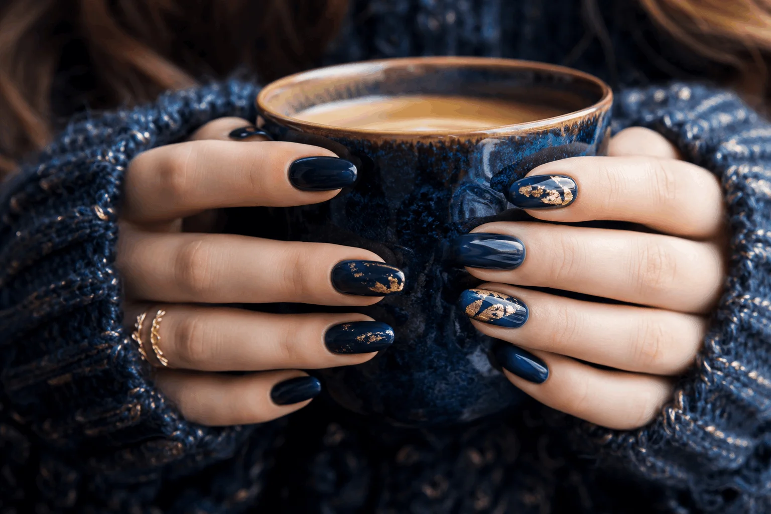 9 Winter Blue Nails That Look Stunning This Season 3 Navy blue winter nails with gold details
