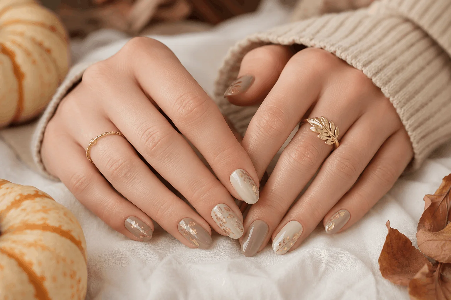 10 Thanksgiving Nail Designs That Steal the Show 9 Neutral Thanksgiving manicure ideas with elegant gold accents