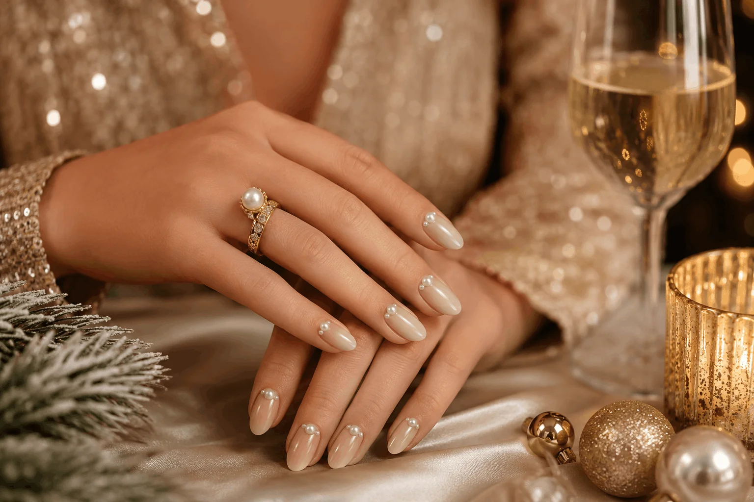 10 Simple Holiday Nails That Instantly Elevate Your Look 9 Neutral beige nails with elegant pearl accents