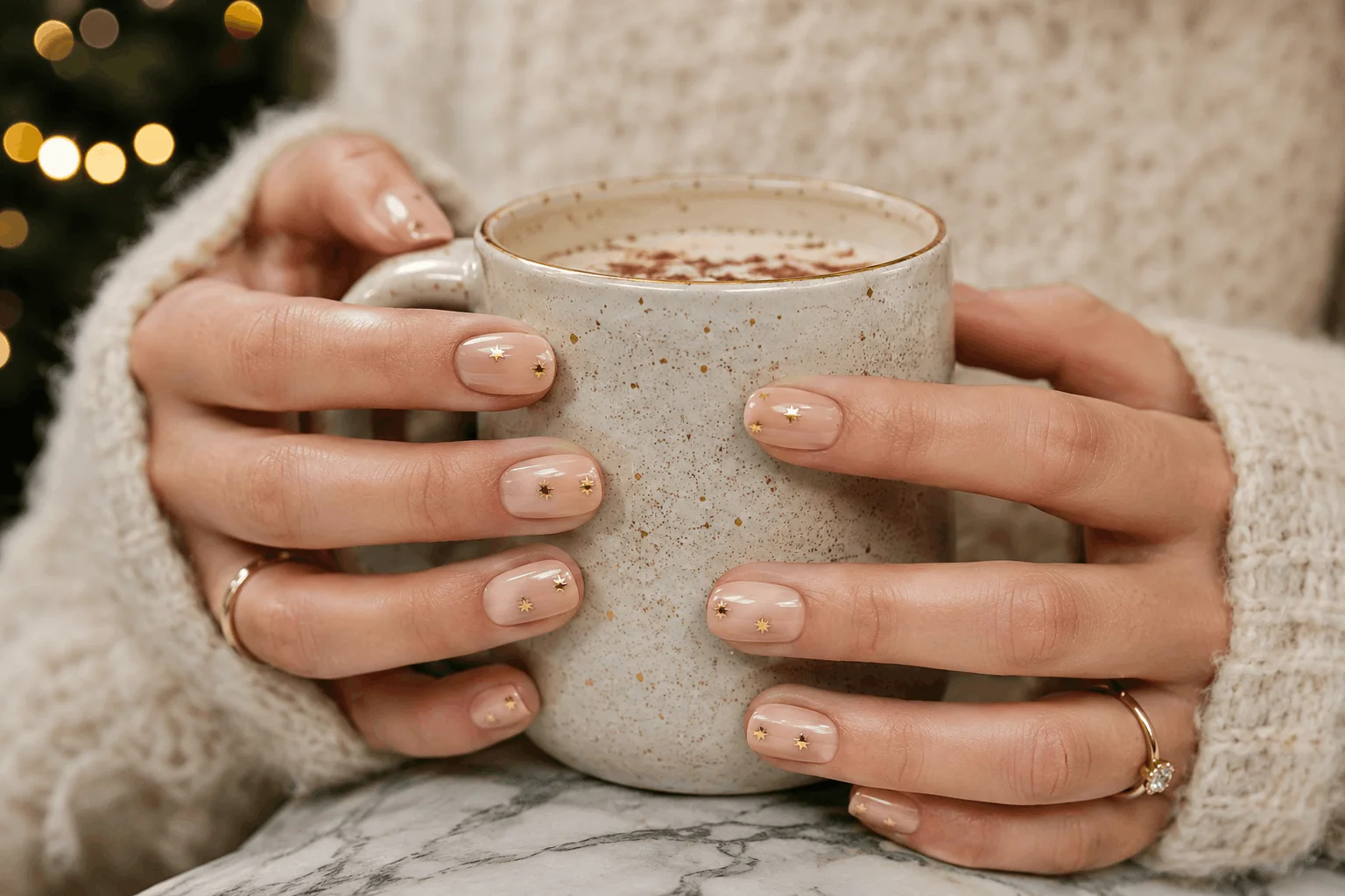10 Nail Designs for Christmas That Look So Luxe 8 Nude Christmas nails with delicate gold star nail art