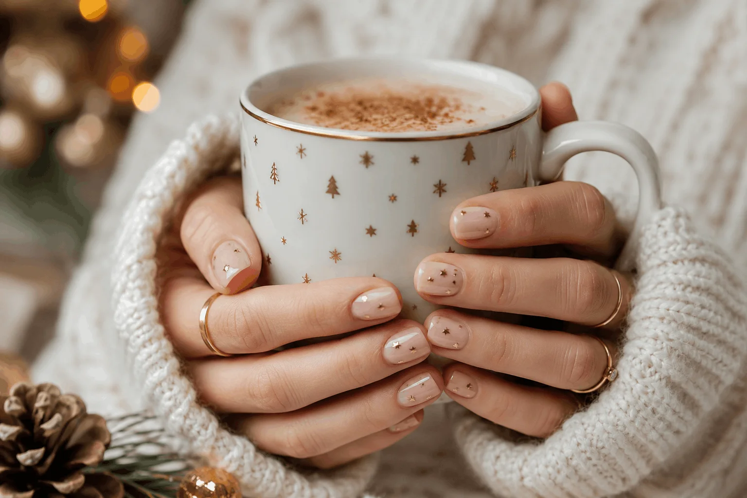 11 Christmas Short Gel Nails Perfect for Winter 7 Nude Christmas short gel nails with gold star accents