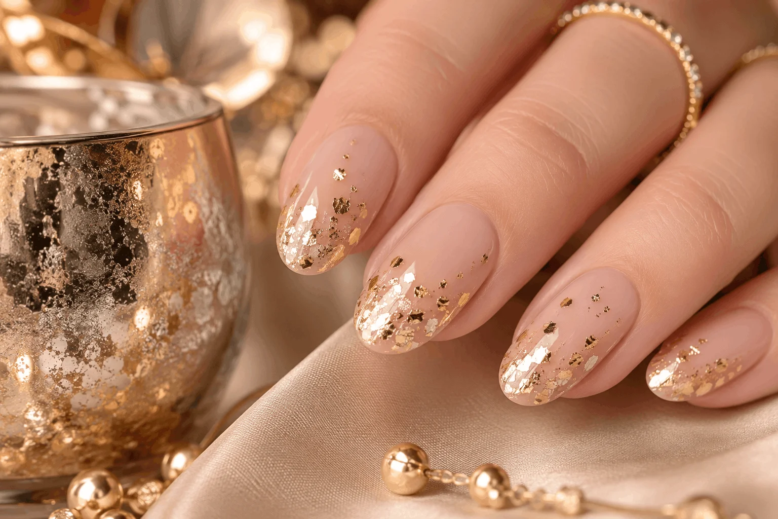 10 Goddess Nails Trends Taking Over Pinterest Now 7 Nude nails decorated with luxury gold foil accents