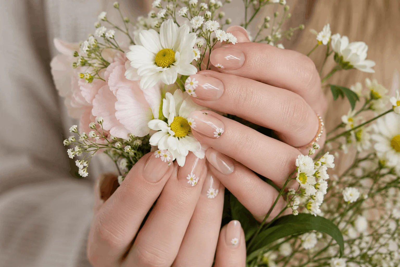 10 Simple Spring Nails Perfect for Everyday Style 6 Nude nails with delicate floral nail art