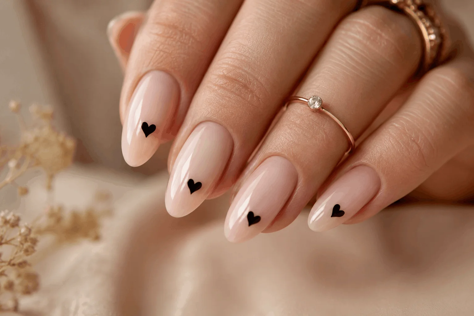 11 Dark Valentines Nails That Are Bold & Romantic 2 Nude nails with tiny black heart nail art for Valentine's Day