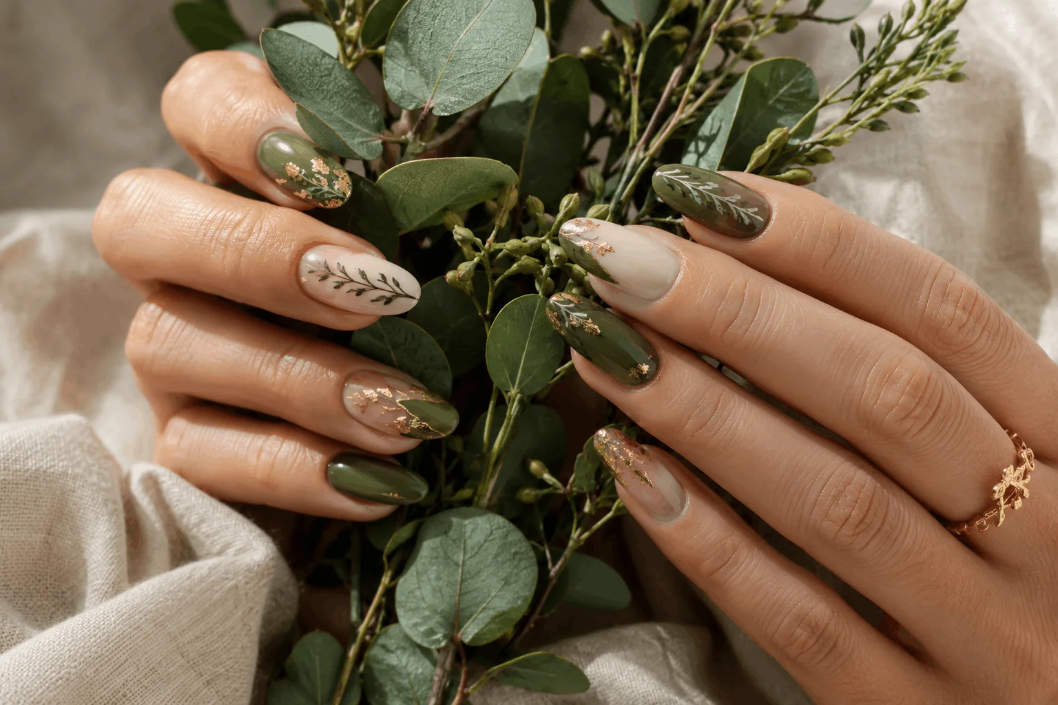 10 Fall Nail Designs Everyone Will Want to Copy 5 Olive green botanical autumn nail designs.