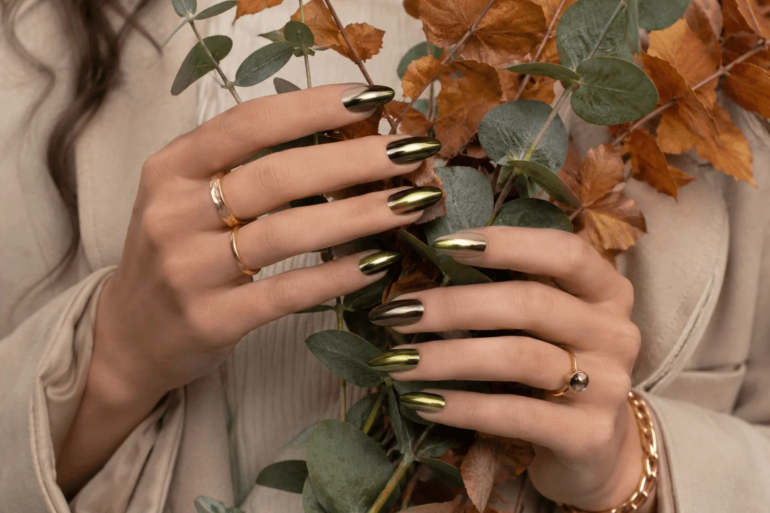 10 Fall Chrome Nails Everyone Will Copy This Season 6 Olive green chrome nails inspired by autumn.