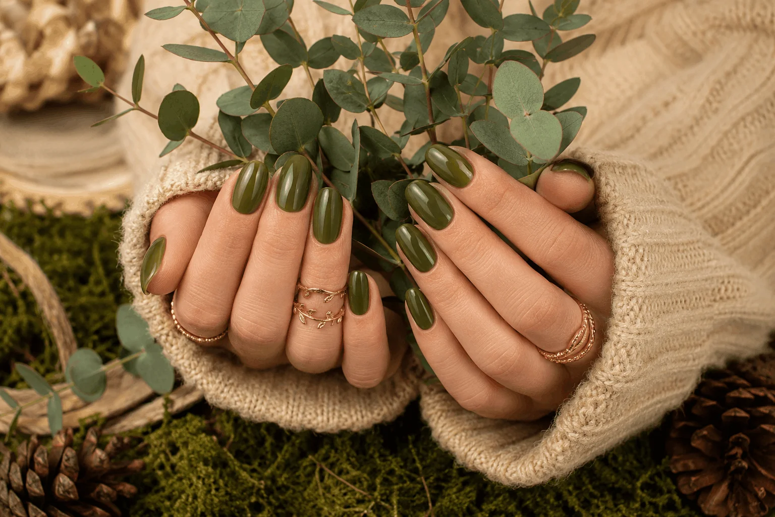12 Fall Gel Nails That Make Autumn Look So Chic 6 Olive green glossy gel nails for autumn.