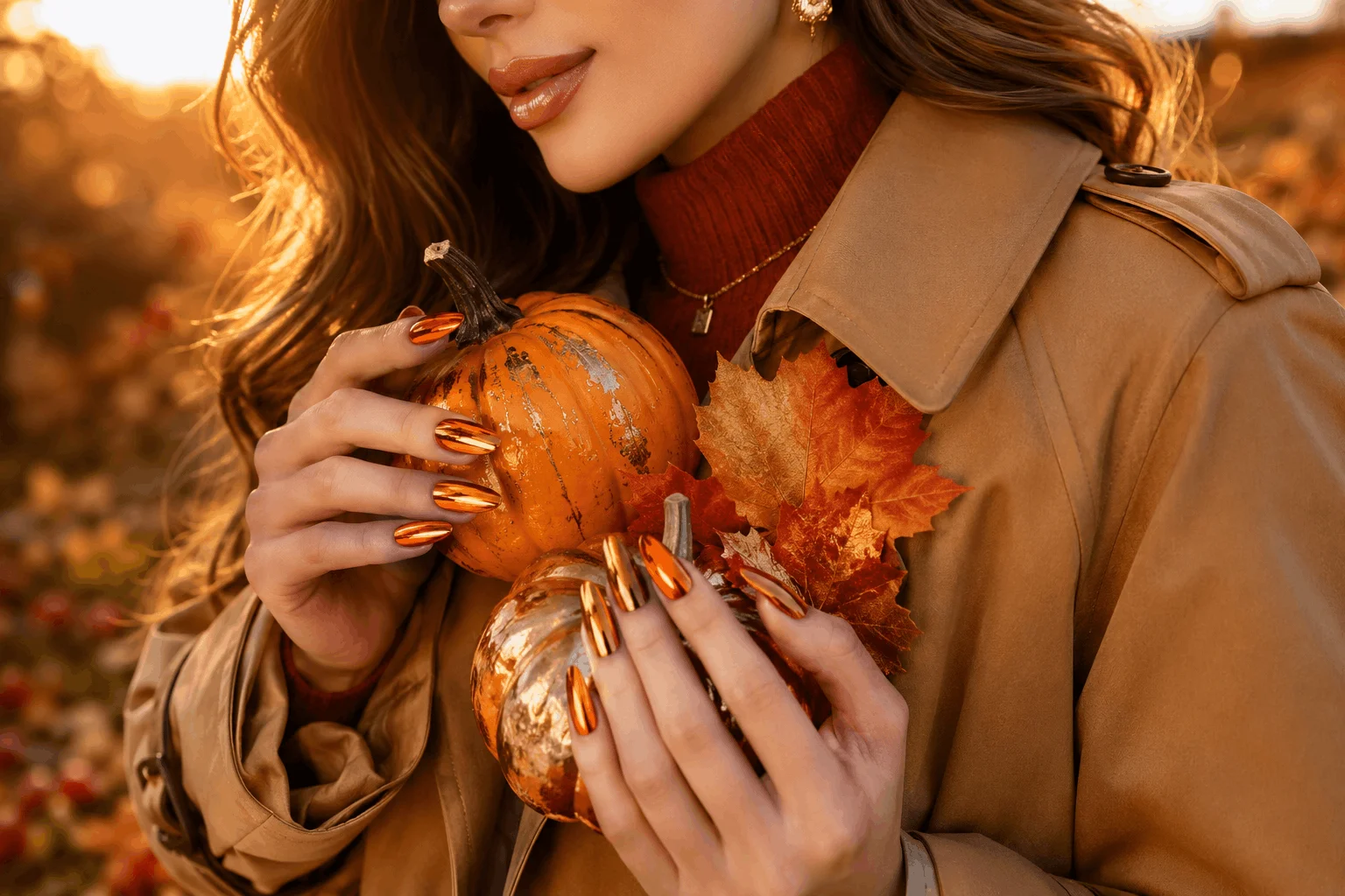 10 Halloween Nails Too Cute to Miss This Year 11 Orange chrome Halloween nails with luxurious autumn styling.