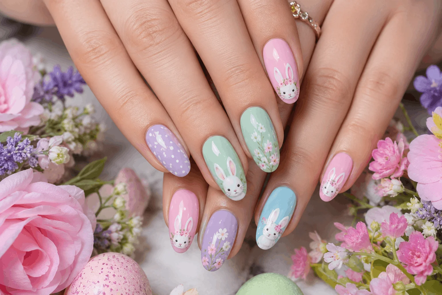 10 Easter Bunny Gel Nails You'll Want to Copy Fast 2 Pastel Easter bunny gel nail inspiration