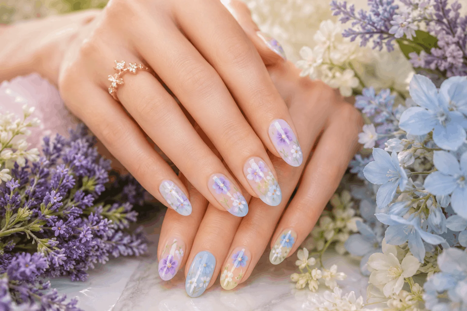 11 Spring Flower Nails Ideas for a Chic Manicure 3 Pastel flower nails in lavender blue and mint shades