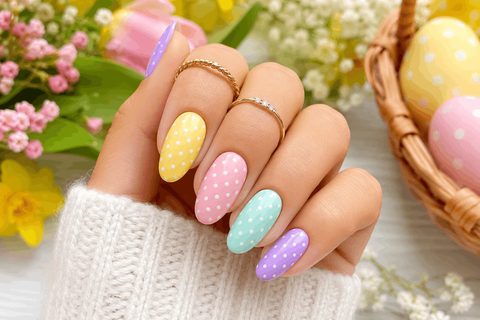 9 Easter Nails Design Ideas That Are Too Cute to Miss 6 Pastel polka dot Easter nail design