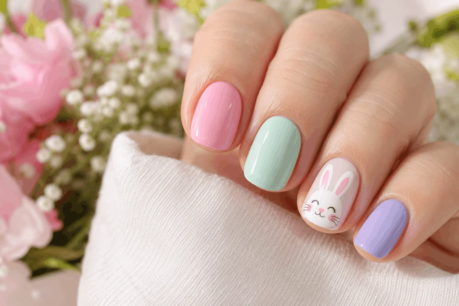 11 Cute Spring Nails and Easter Bunny Looks 2 Pastel short Easter nails with bunny accent design.