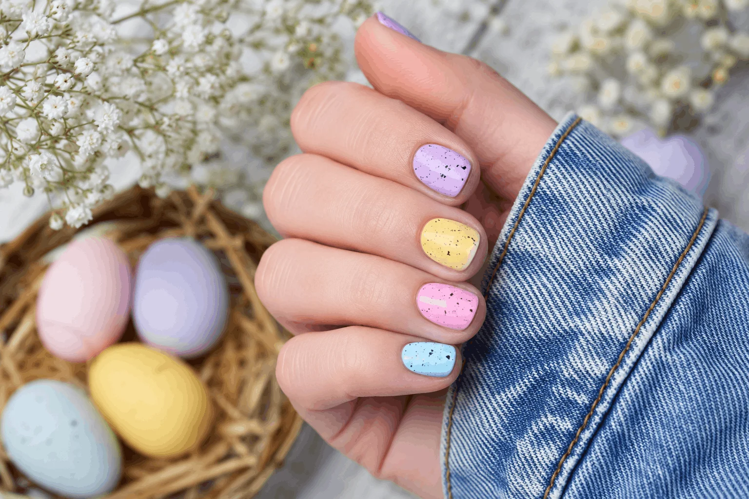 11 Cute Spring Nails and Easter Bunny Looks 5 Pastel speckled Easter egg nail design.