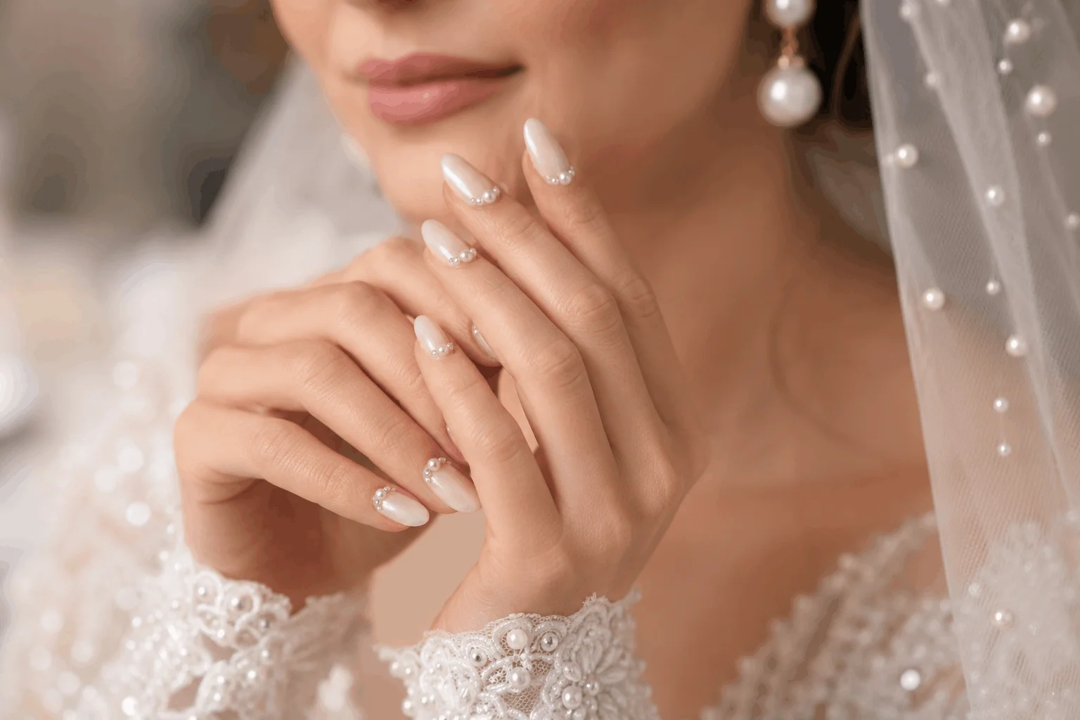 11 Stunning Wedding Nails for Bride to Copy Today 4 Pearl accented bridal wedding nails inspiration