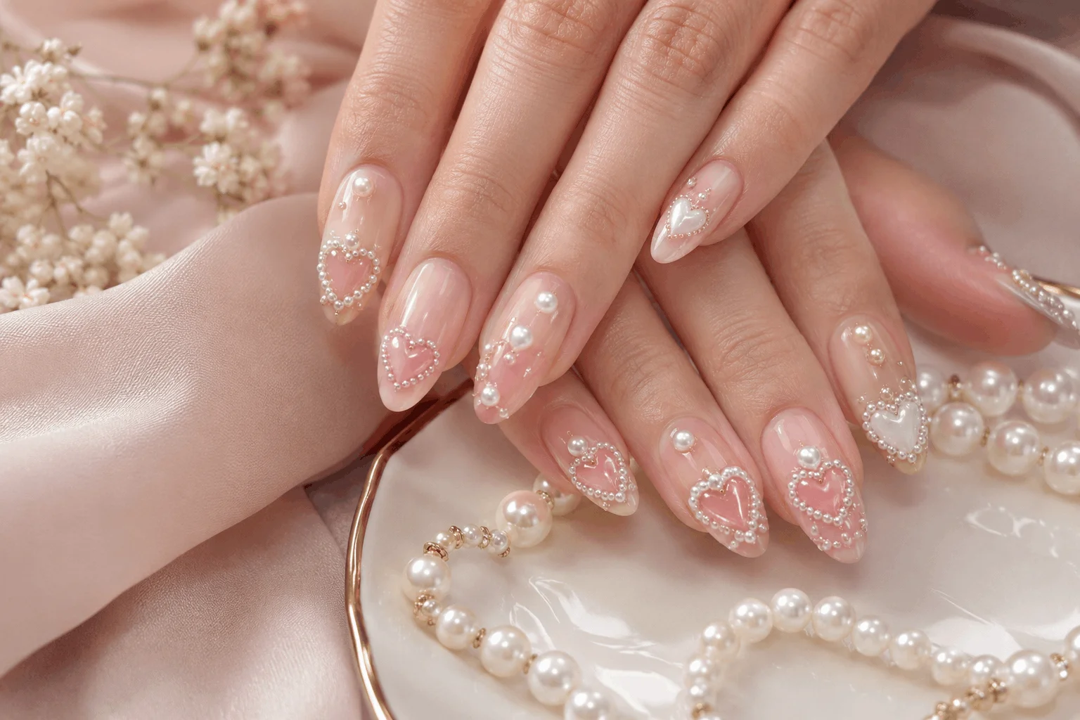 12 Valentines Day Nails That Everyone Will Copy 10 Pearl embellished Valentine's nail design