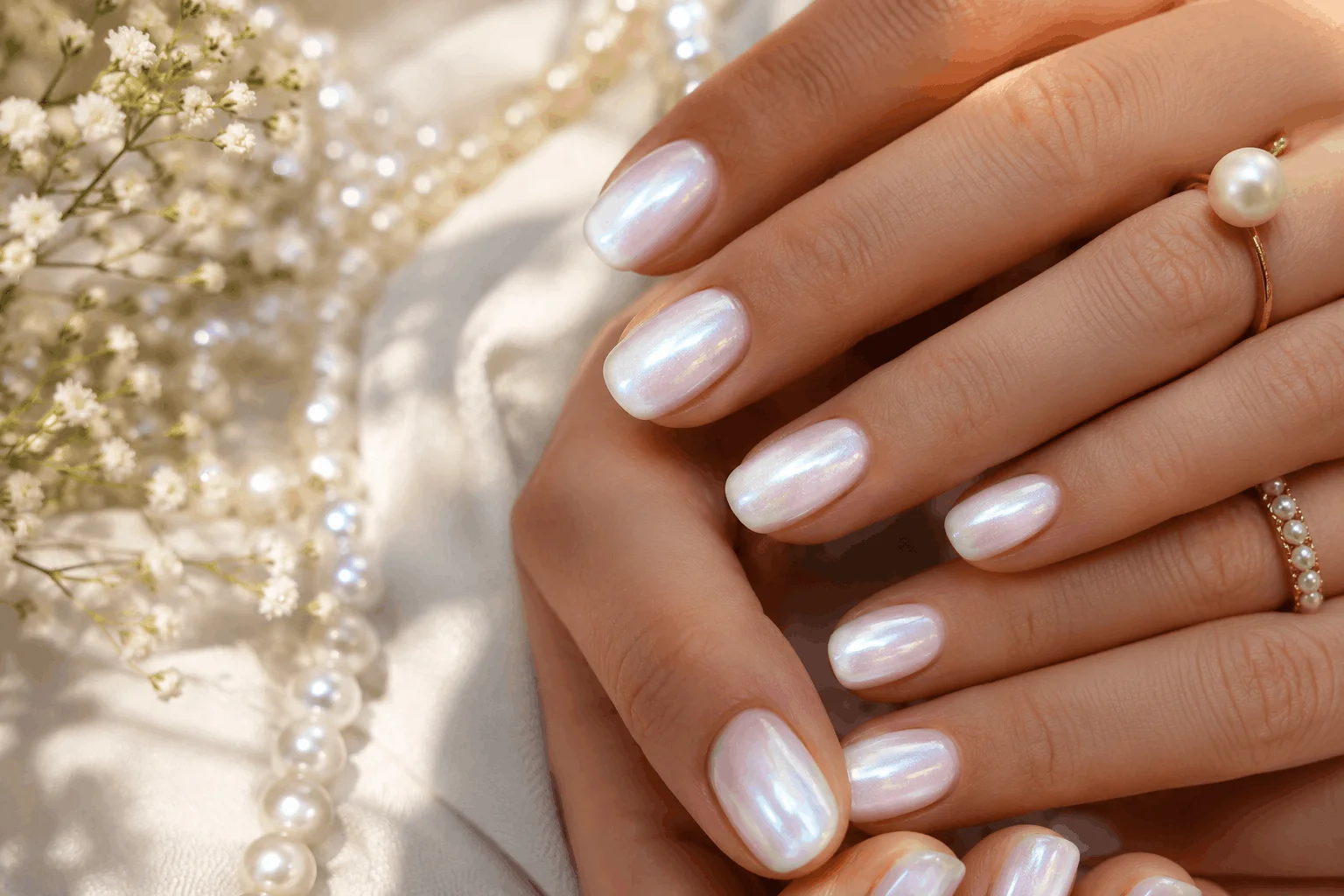 10 White Spring Nails That Scream Effortless Beauty 11 Pearly white nails with iridescent shine