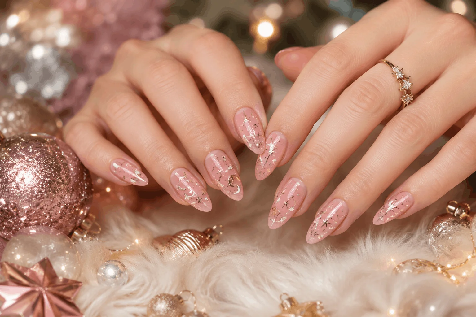 10 Pink Christmas Almond Nails You’ll Want This Season 11 Pink Christmas almond nails with gold and silver stars