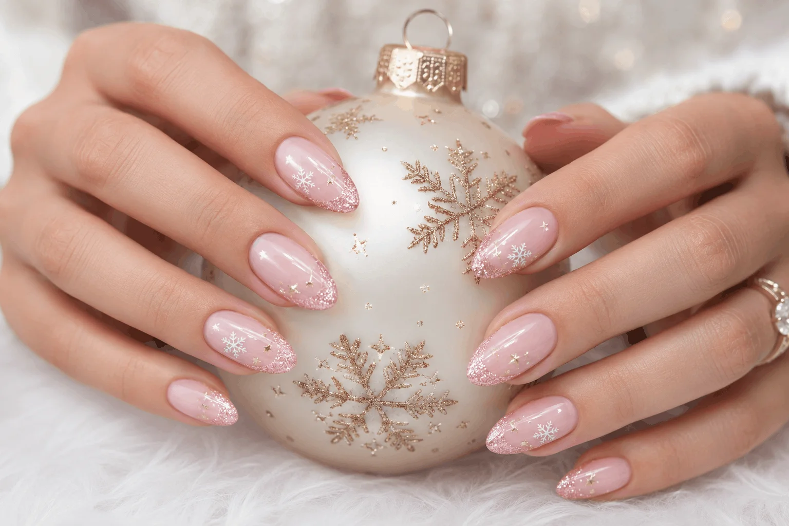 10 Pink Christmas Almond Nails You’ll Want This Season 6 Pink French tip Christmas almond nails with festive details