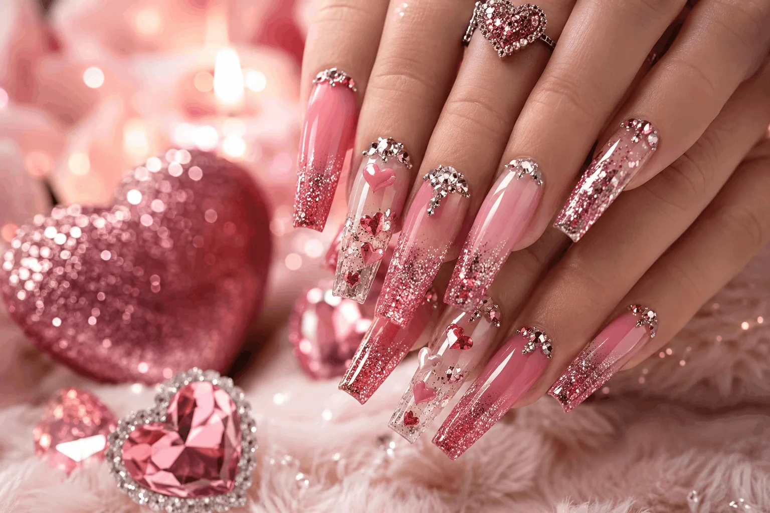10 Cute Pink Valentines Nails for a Romantic Look 7 Pink acrylic Valentine's nails with glitter