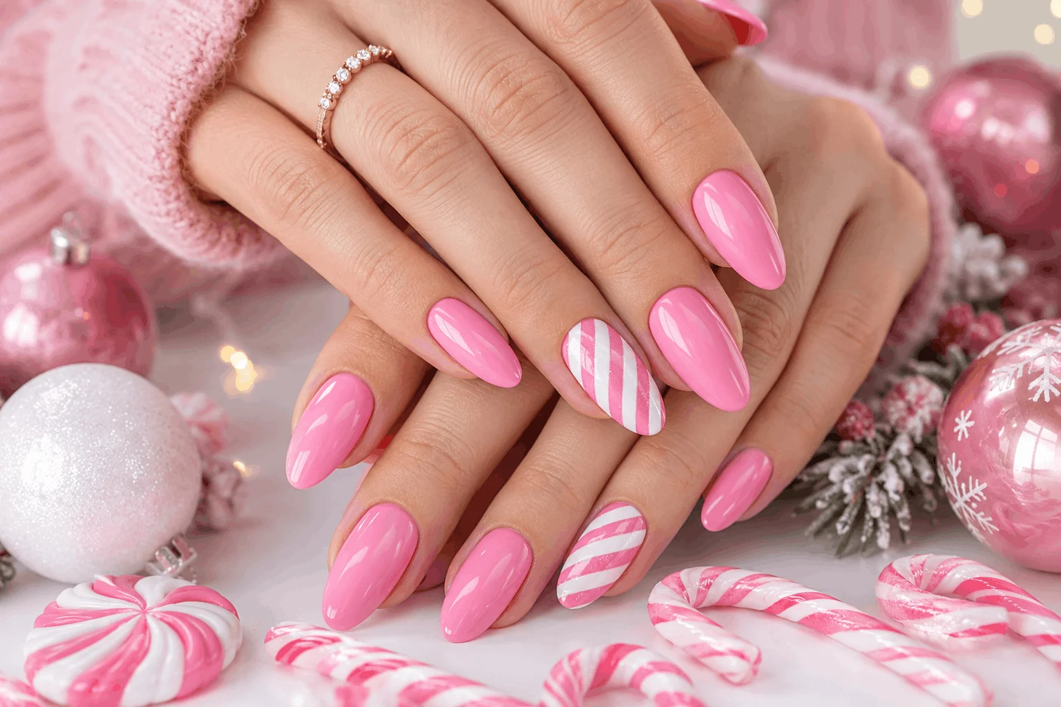 10 Pink Christmas Almond Nails You’ll Want This Season 4 Pink candy cane Christmas almond nail design