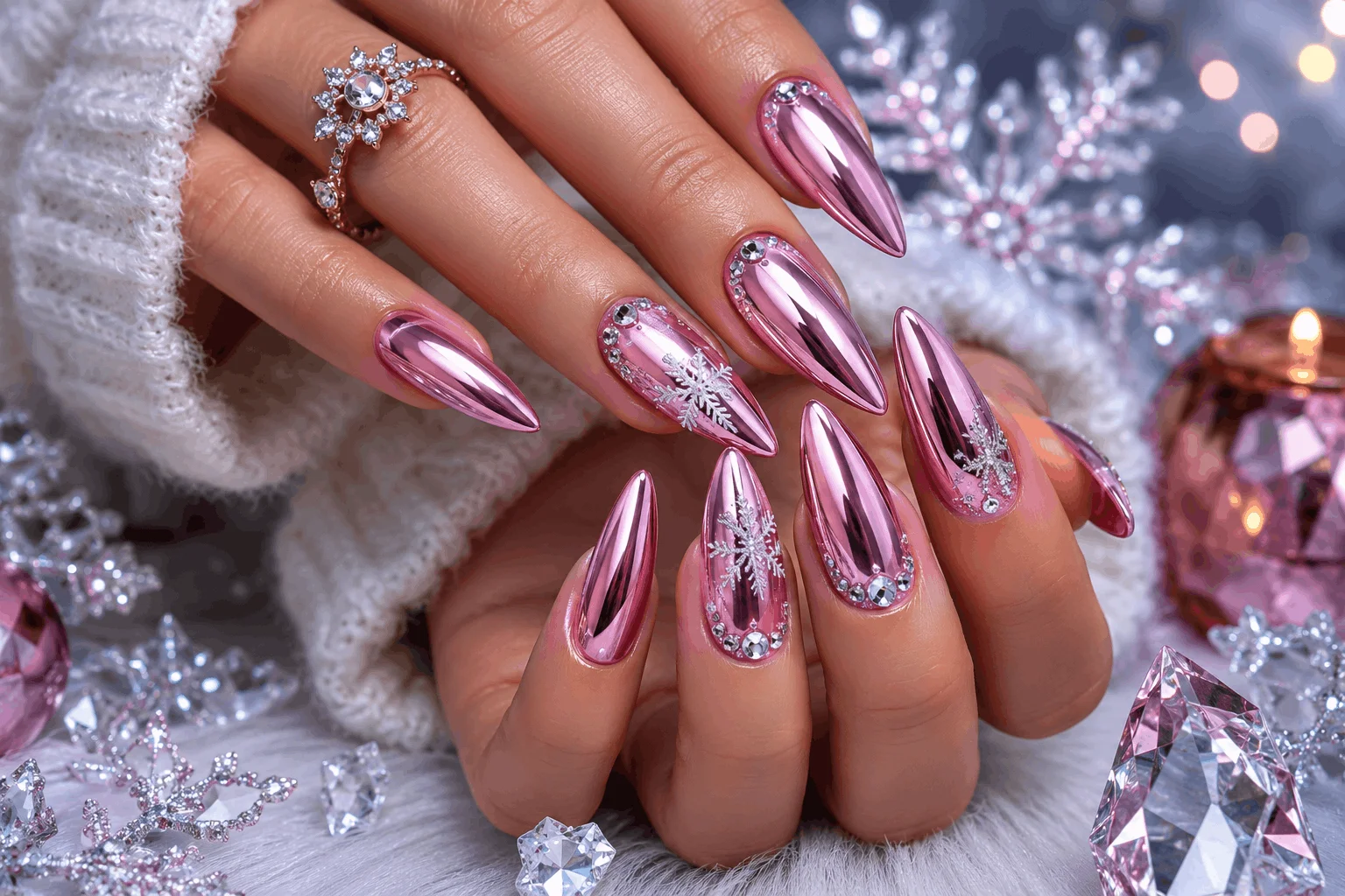 10 Pink Christmas Almond Nails You’ll Want This Season 5 Pink chrome Christmas almond nails with winter sparkle