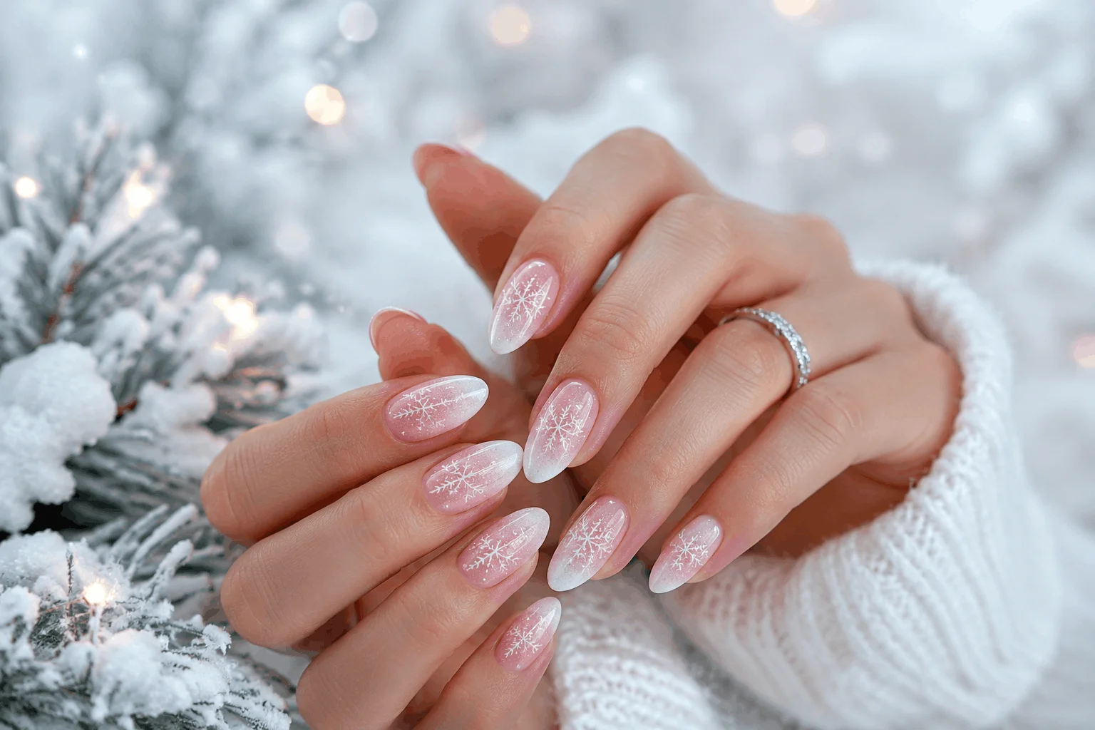 10 Pink Christmas Almond Nails You’ll Want This Season 10 Pink ombre winter wonderland almond nails for Christmas