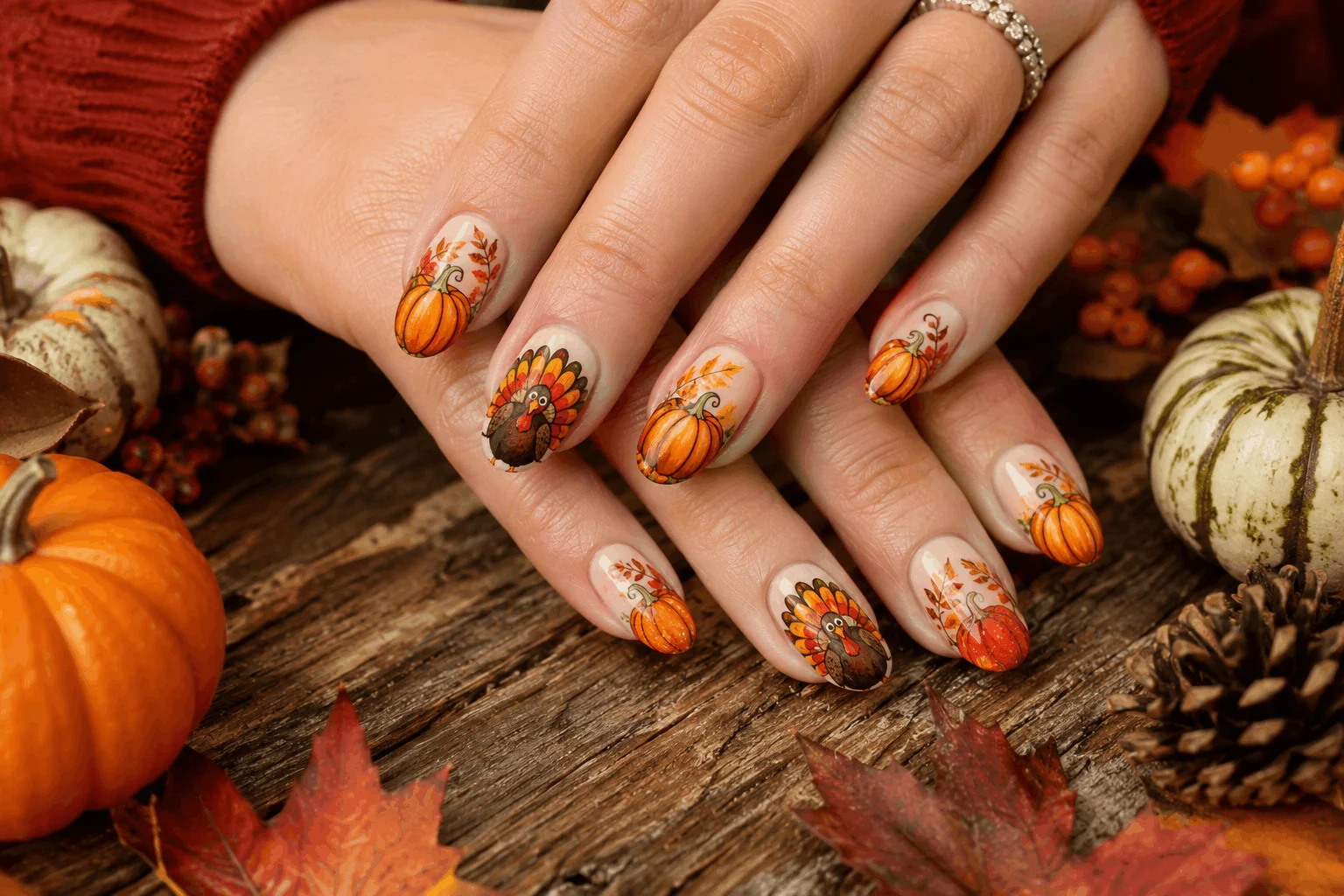 12 Turkey Nails That Will Steal Thanksgiving Attention 8 Pumpkin and turkey themed Thanksgiving nail art