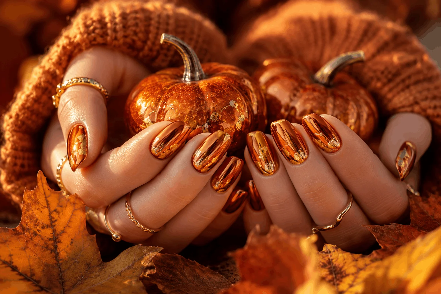 12 Fall Gel Nails That Make Autumn Look So Chic 7 Pumpkin chrome nails with reflective autumn finish.