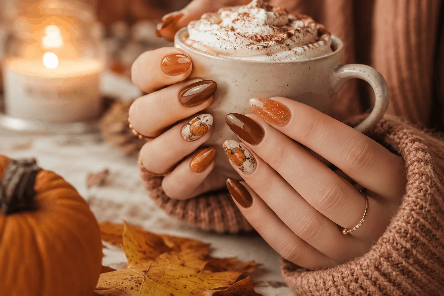 10 Thanksgiving Nail Designs That Steal the Show 3 Pumpkin spice Thanksgiving nail designs in warm autumn colors