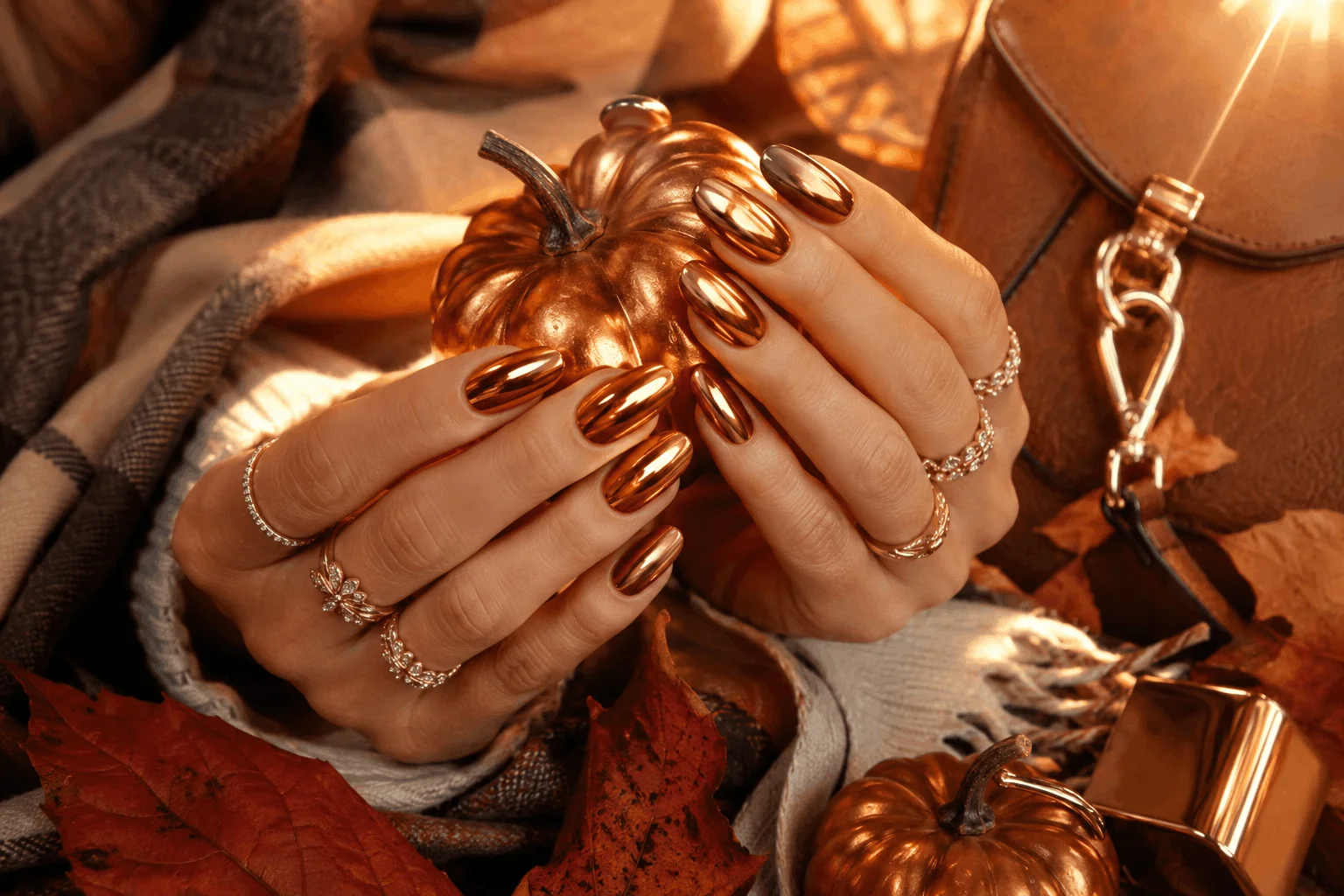 10 Fall Nail Designs Everyone Will Want to Copy 9 Pumpkin spice chrome fall nail designs.