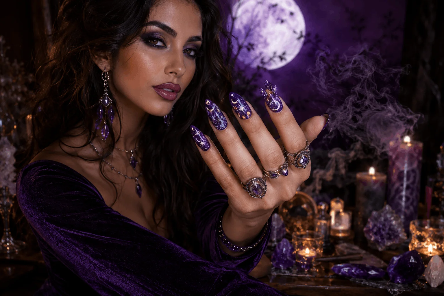 10 Halloween Nails Too Cute to Miss This Year 5 Purple galaxy witch Halloween nails with celestial nail art.