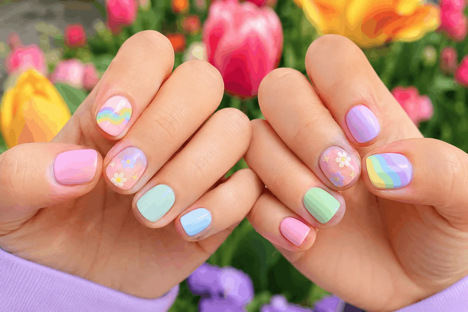 12 Short Spring Nails That Look Cute and Trendy 8 Rainbow pastel nail designs on short nails