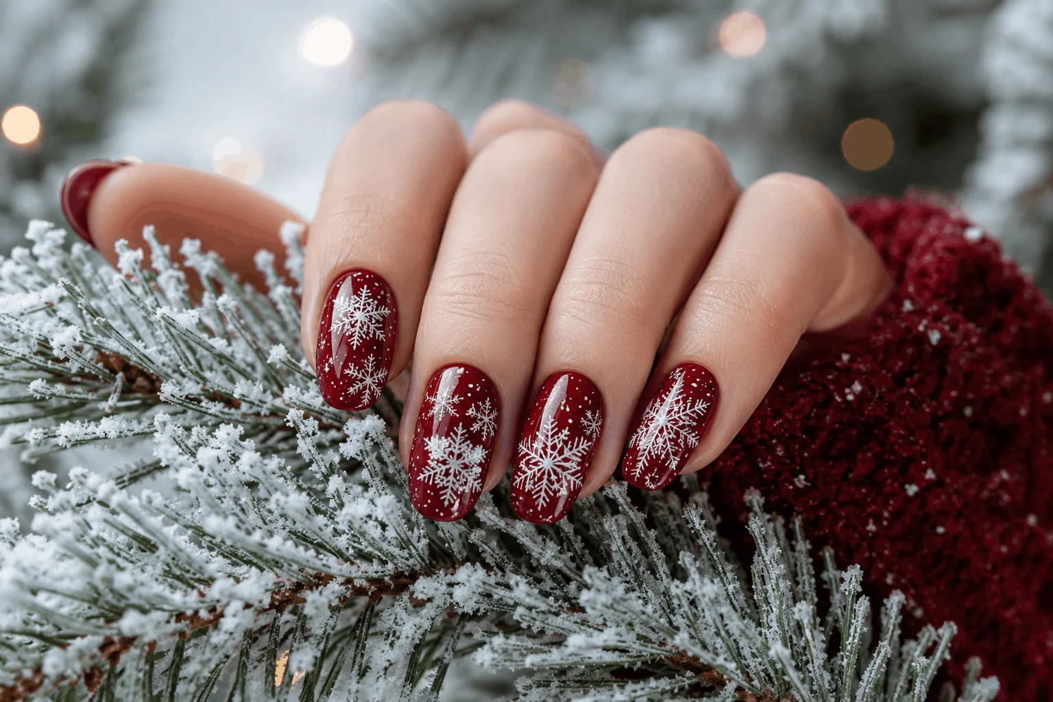 10 Christmas Red Nails Everyone Will Save This Year 4 Red Christmas nails with delicate white snowflake nail art