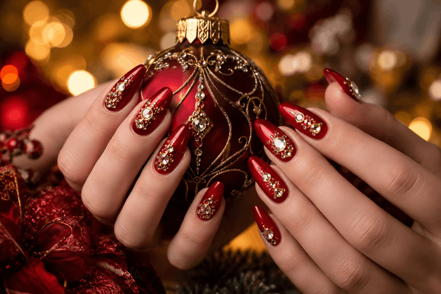 10 Christmas Red Nails Everyone Will Save This Year 11 Red Christmas nails with sparkling rhinestone accents