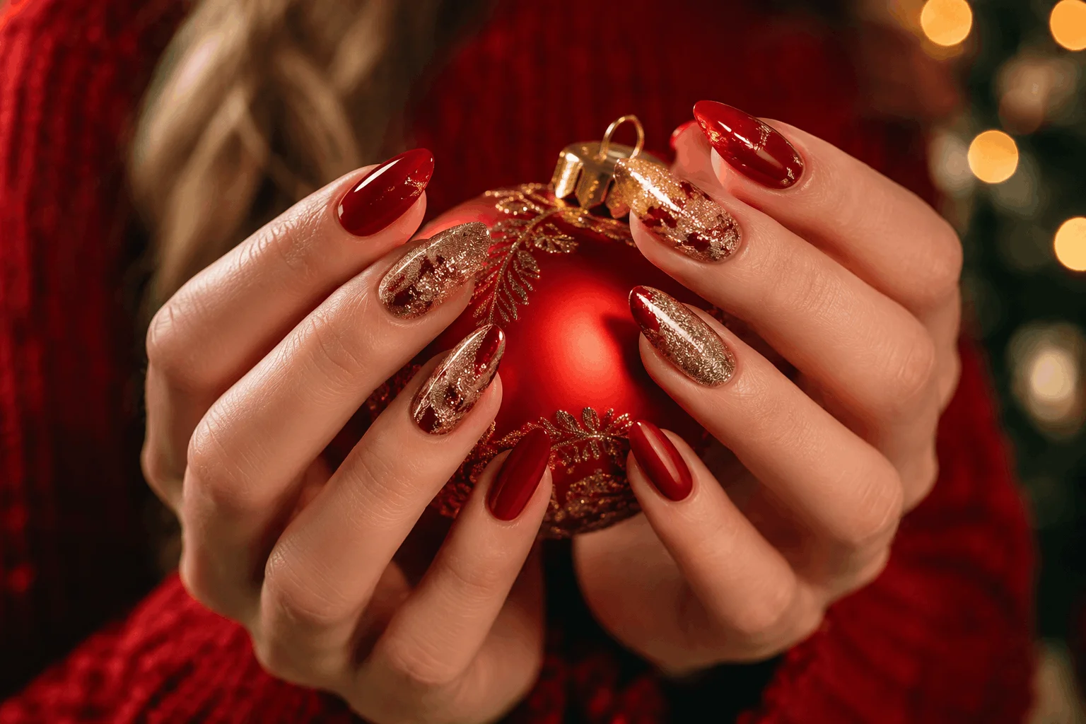 10 Christmas Red Nails Everyone Will Save This Year 3 Red and gold glitter accent Christmas nail design