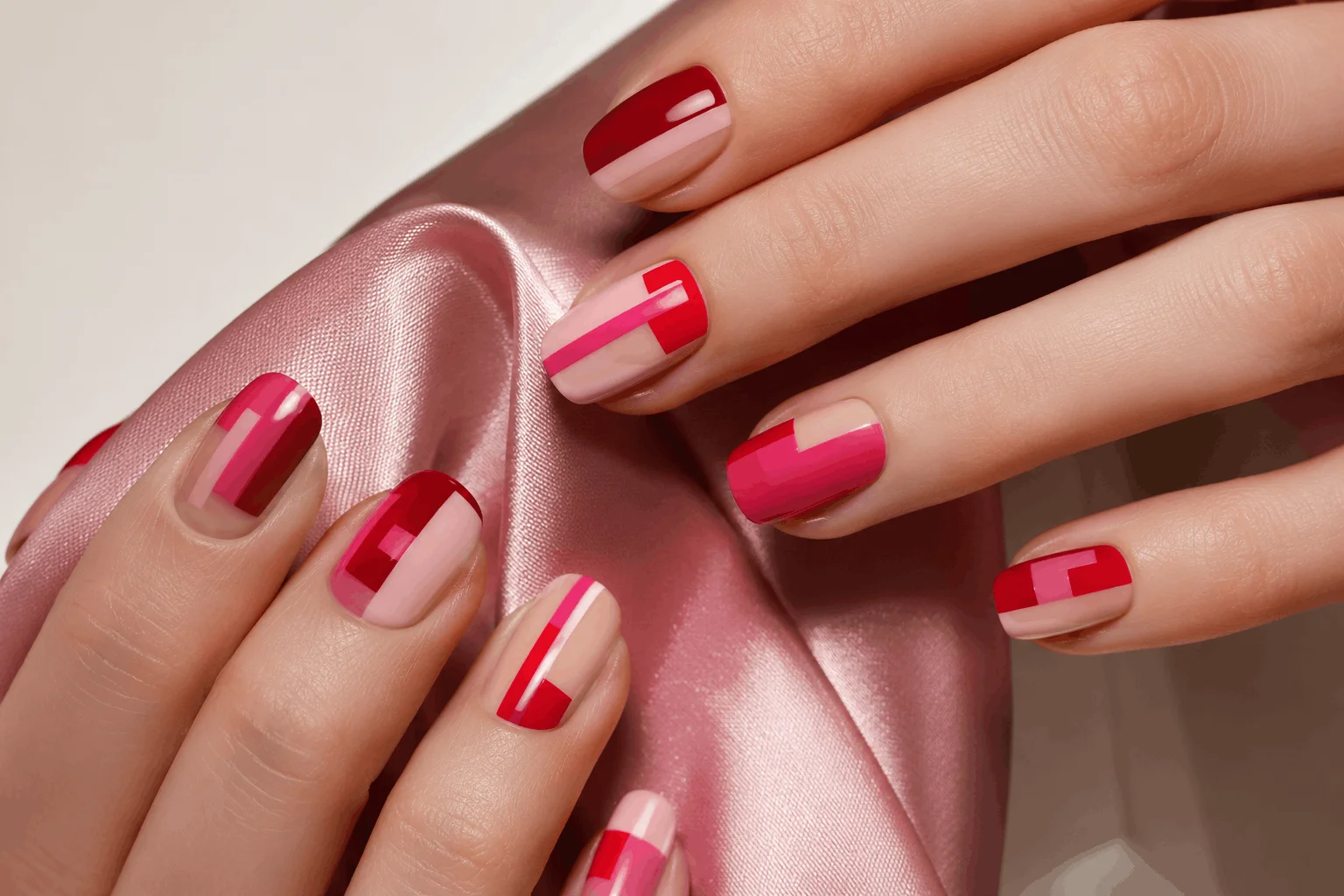 12 Valentines Day Nails That Everyone Will Copy 9 Red and pink color block Valentine's nails