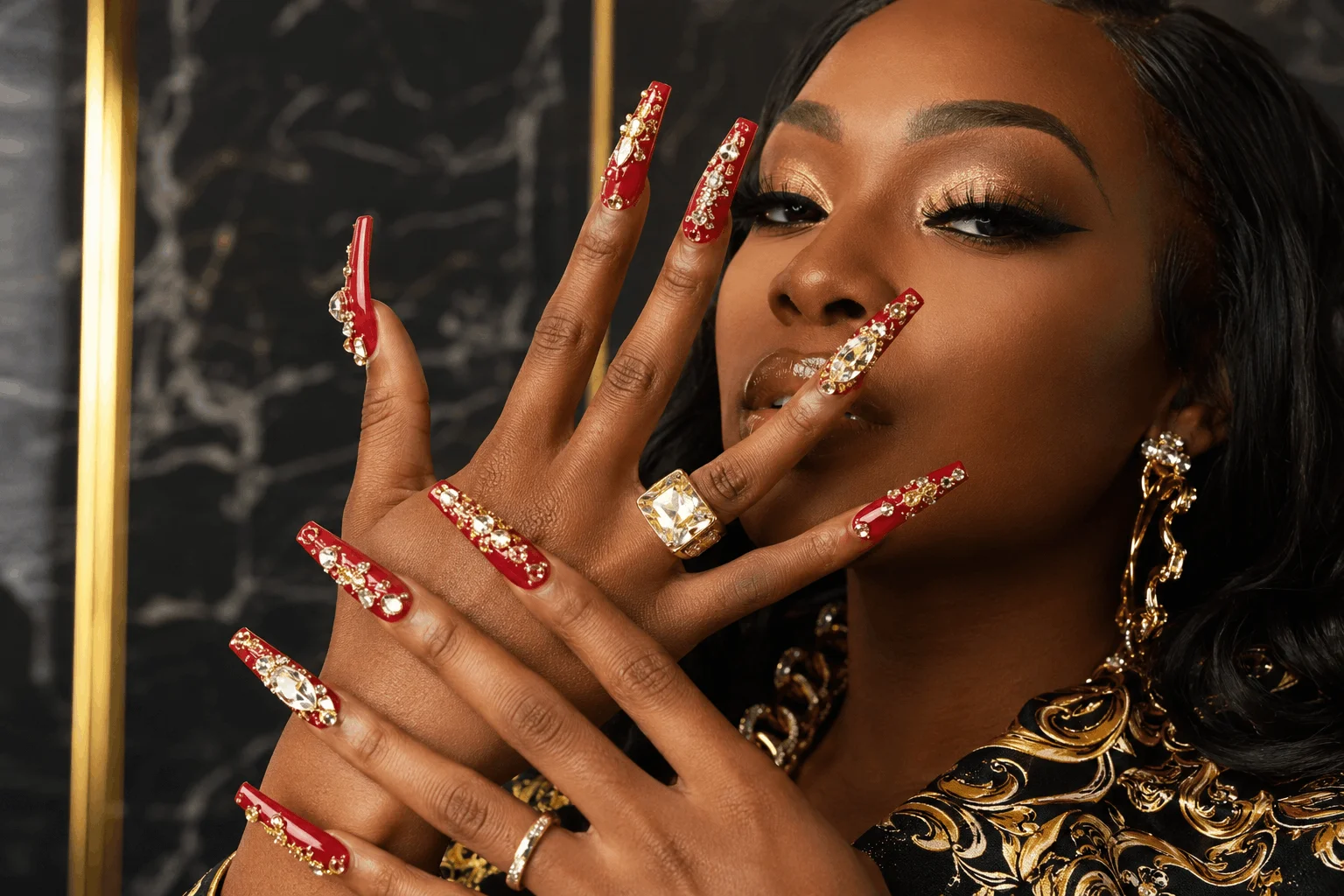 10 Bold Red Nails Black Women Are Obsessed With 8 Red coffin nails on black woman with rhinestones